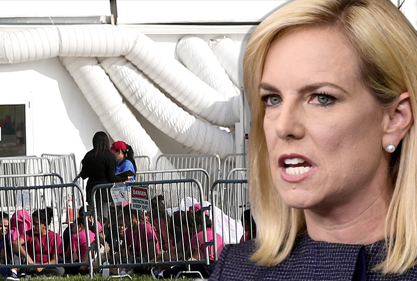 Kirstjen Nielsen; Immigrant children outside a former Job Corps site that now houses them. (AP/Susan Walsh/Wilfredo Lee)