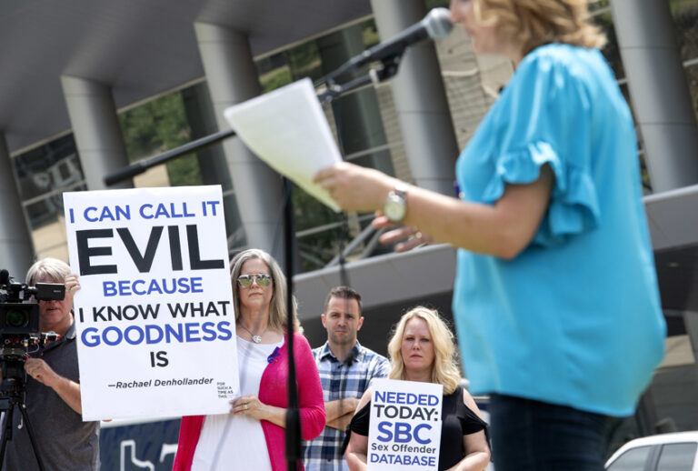A rally protesting the Southern Baptist Convention's treatment of women, held on Tuesday, June 12, 2018, in Dallas. (AP/Jeffrey McWhorter)