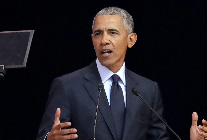 Barack Obama delivers his speech at the 16th Annual Nelson Mandela Lecture at the Wanderers Stadium in Johannesburg, South Africa, July 17, 2018. (AP/Themba Hadebe)