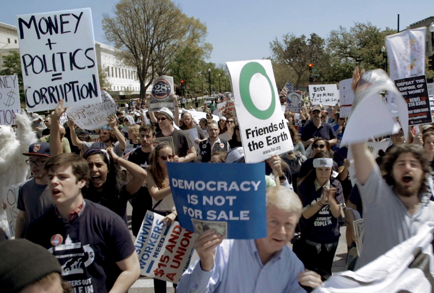 Protesters against dark money in "Dark Money" (Dark Money)