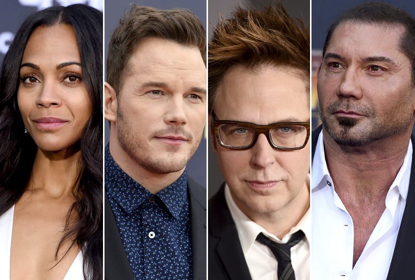 Zoe Saldana; Chris Pratt; James Gunn; Dave Bautista (AP/Jordan Strauss)