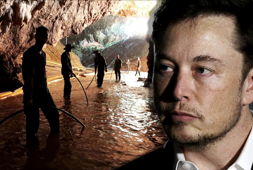 Thai rescue teams arrange a water pumping system at the entrance to a flooded cave complex where 12 boys and their soccer coach have been trapped; Elon Musk (AP/Getty/Salon)