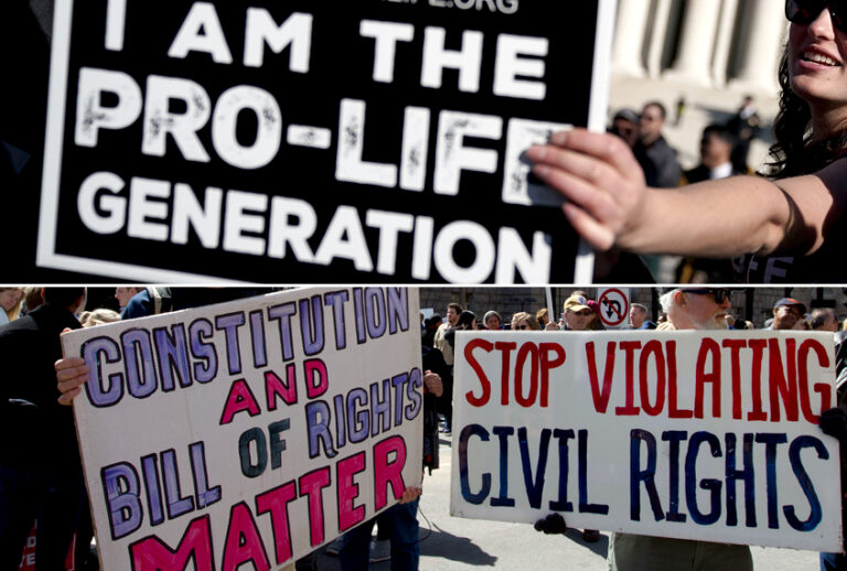 A Pro-Life activist; Pro-gun demonstrators (Getty/Alex Wong/AP/Jose Luis Magana)