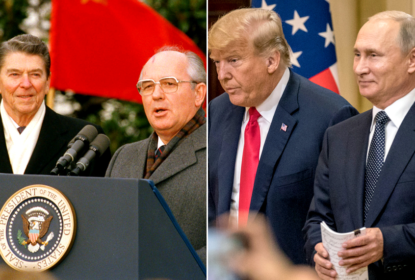 Soviet leader Mikhail Gorbachev and former President Reagan during three days of summit talks, 1987; President Donald Trump and Russian President Vladimir Putin  arrive to a joint press conference after their summit, 2018. (AP/Doug Mills/Getty/Chris McGrath)
