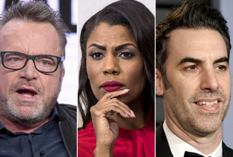 Tom Arnold; Omarosa Manigault; Sacha Baron Cohen (AP/Richard Shotwell/Evan Agostini/Getty/Drew Angerer)
