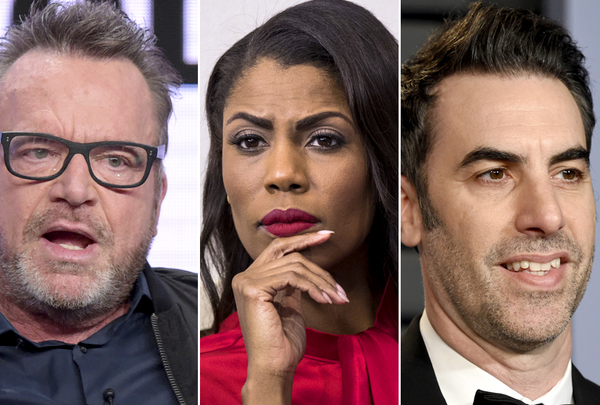 Tom Arnold; Omarosa Manigault; Sacha Baron Cohen (AP/Richard Shotwell/Evan Agostini/Getty/Drew Angerer)