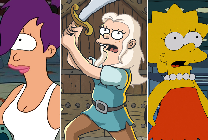 Katey Sagal as Turanga Leela in "Futurama;" Abbi Jacobson as Princess Tiabeanie ("Bean") in "Disenchantment;" Yeardley Smith as Lisa Simpson in "The Simpsons" (Comedy Central/Netflix/Fox)