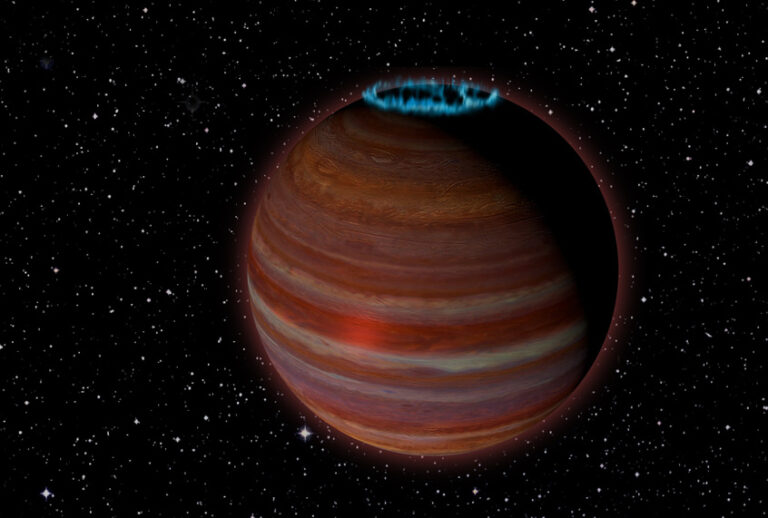 Artist's conception of SIMP J01365663+0933473, an object with 12.7 times the mass of Jupiter, but a magnetic field 200 times more powerful than Jupiter's. This object is 20 light-years from Earth. (Chuck Carter, NRAO/AUI/NSF)