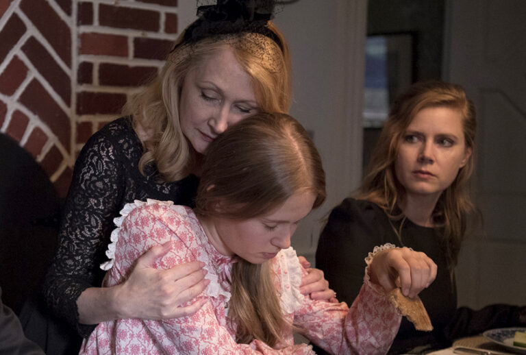 Patricia Clarkson as Adora Crellin, Eliza Scanlen as Amma Crellin, and Amy Adams as Camille Preaker in "Sharp Objects" (HBO/Anne Marie Fox)