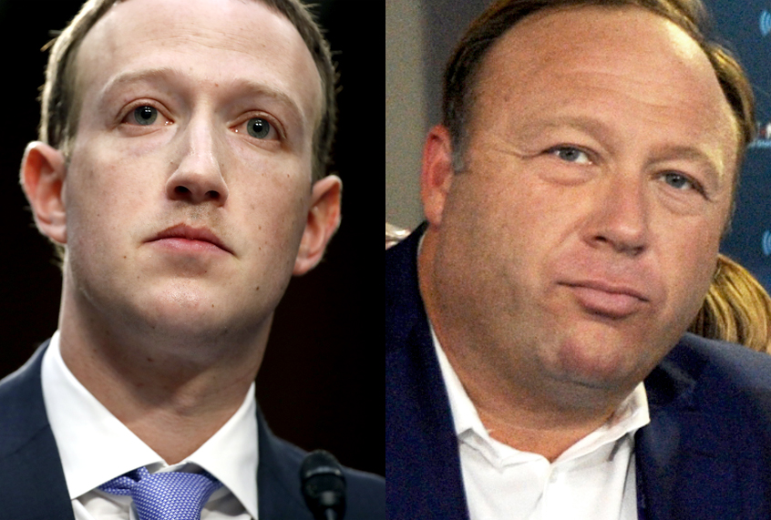 Mark Zuckerberg; Alex Jones (AP/Alex Brandon/Getty/Ben Jackson)