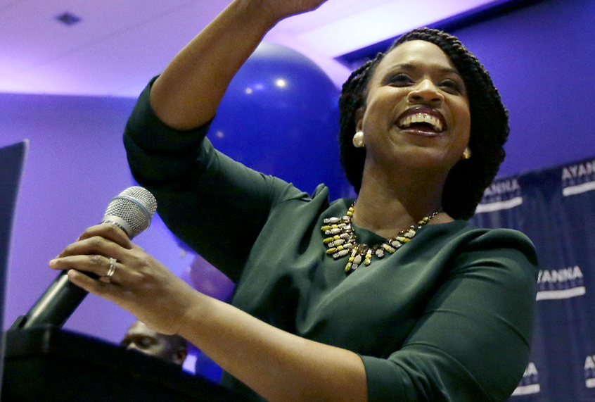 Boston City Councilor Ayanna Pressley celebrates victory over U.S. Rep. Michael Capuano, D-Mass., in the 7th Congressional House Democratic primary, Tuesday, Sept. 4, 2018, in Boston. (AP/Steven Senne)