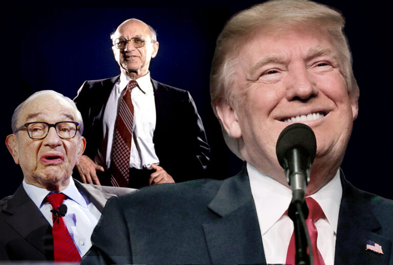 Alan Greenspan; Milton Friedman; Donald Trump (AP/Getty/Salon)