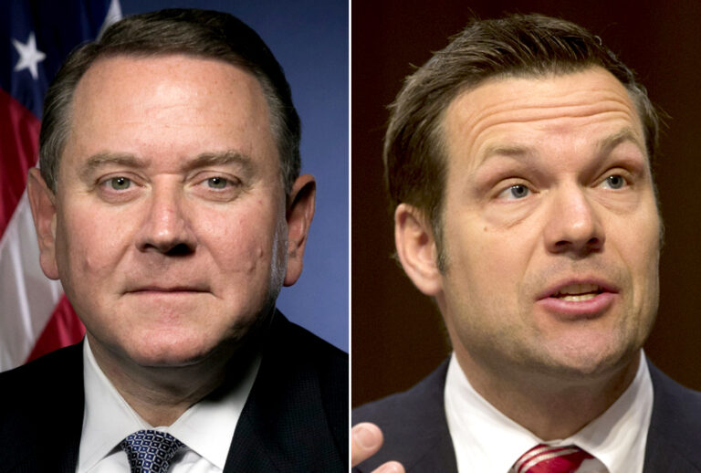 Robert Higdon; Kris Kobach (Wikimedia/AP/Jacquelyn Martin)