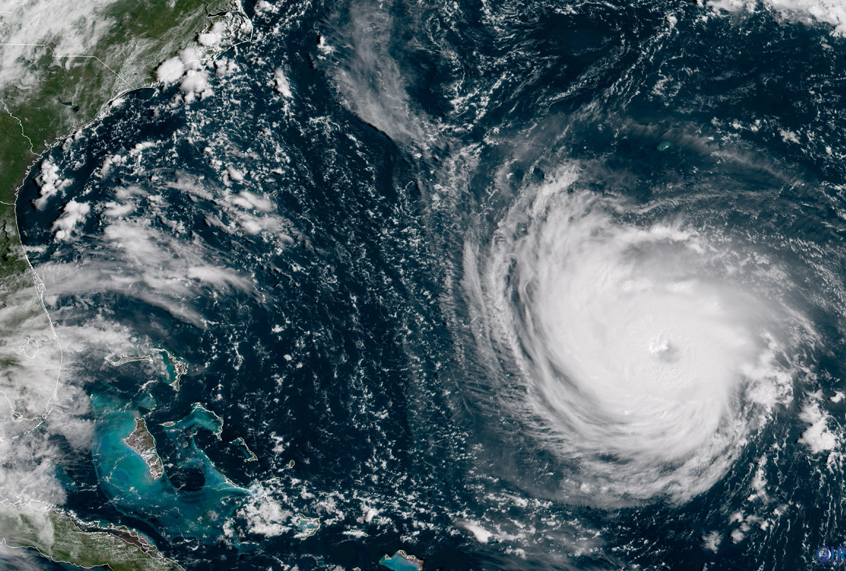 This GOES East satellite image taken Tuesday, Sept. 11, 2018, at 10:30 a.m. EDT, shows Hurricane Florence in the Atlantic Ocean as it threatens the U.S. East Coast. (NOAA via AP)