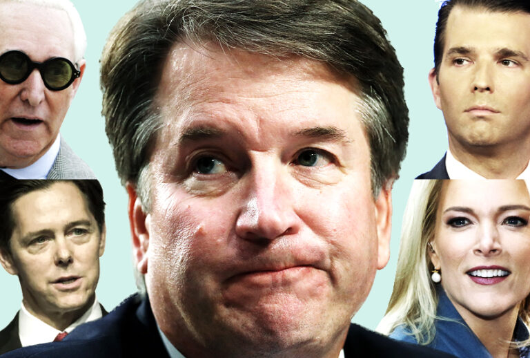 Brett Kavanaugh, surrounded by (clockwise, from top left): Roger Stone, Donald Trump Jr., Megyn Kelly, Ralph Reed (AP/Shutterstock/Salon)