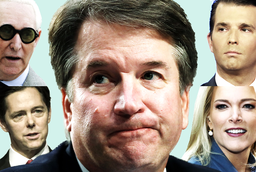 Brett Kavanaugh, surrounded by (clockwise, from top left): Roger Stone, Donald Trump Jr., Megyn Kelly, Ralph Reed (AP/Shutterstock/Salon)