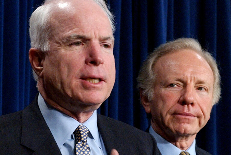 John McCain and Joseph Lieberman during a news conference in Washington, Jan. 8, 2002. (AP/Dennis Cook)