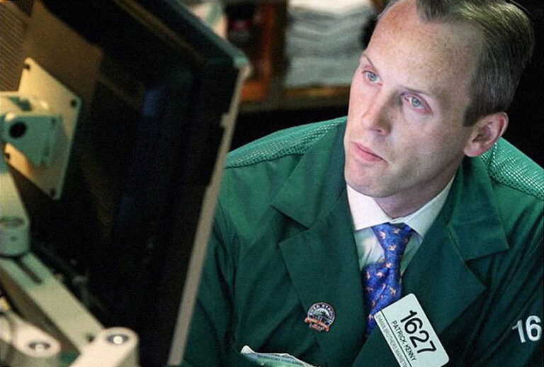 A Specialist of Lehman Brothers works his post on the trading floor of the New York Stock Exchange, Sept. 15, 2008 (AP/David Karp)