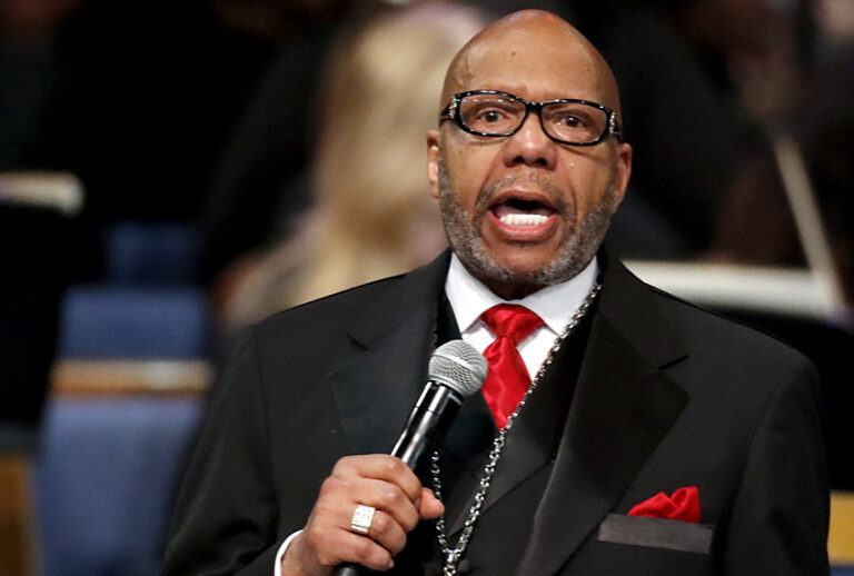 Rev. Jasper Williams, Jr., delivers the eulogy during the funeral service for Aretha Franklin at Greater Grace Temple, Aug. 31, 2018, in Detroit. (AP/Paul Sancya)
