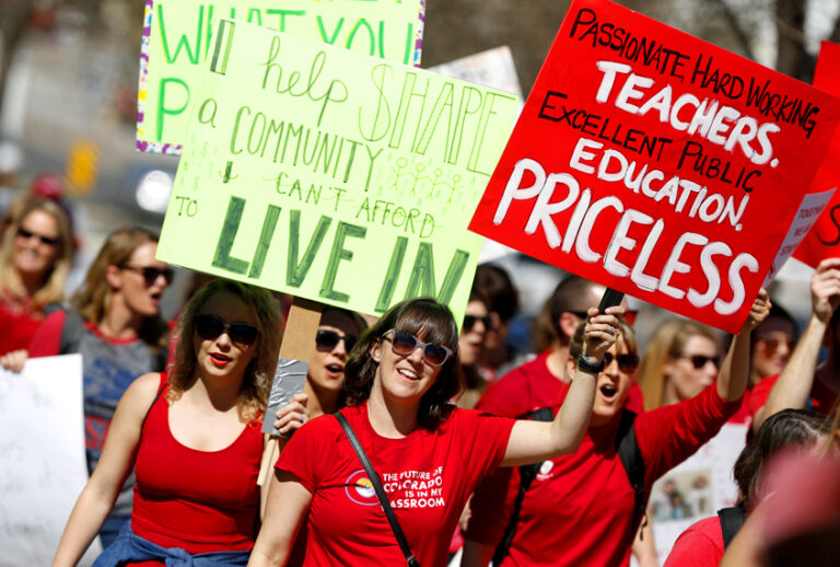Teachers march during a rally, April 27, 2018, in Denver. (AP/David Zalubowski)