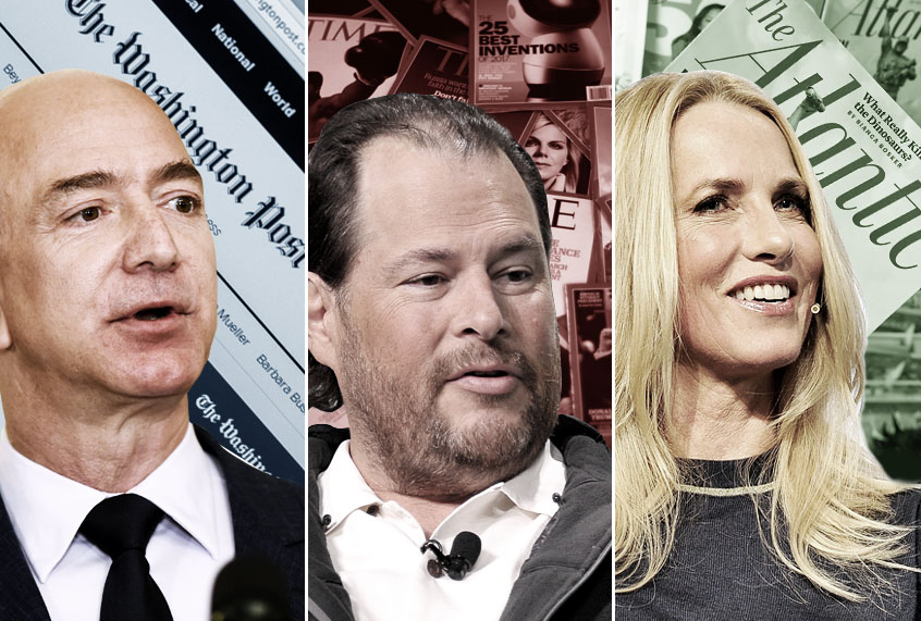 Jeff Bezos; Marc Benioff; Laurene Powell Jobs (AP/Getty/Shutterstock/Wikimedia)