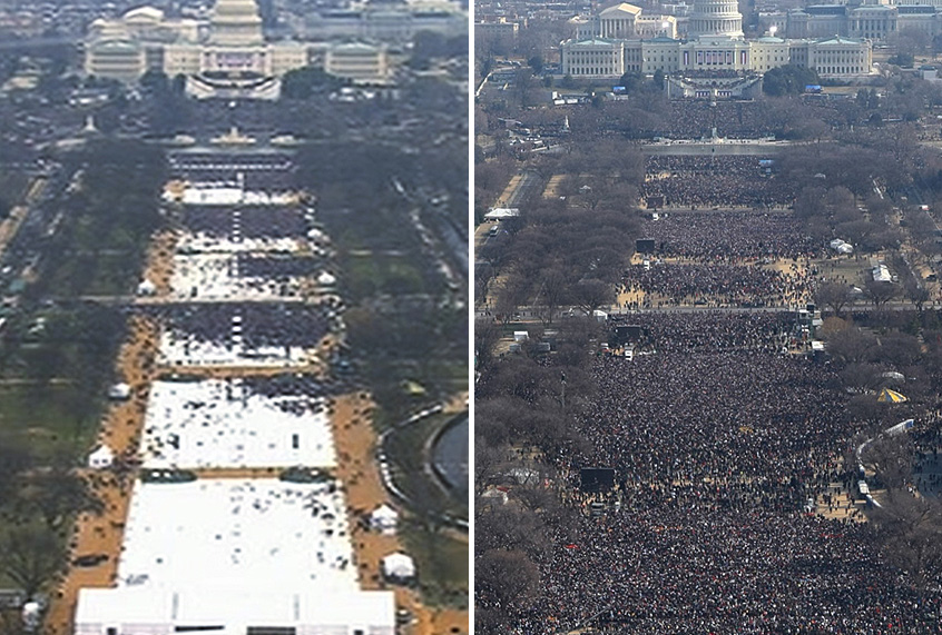 This pair of photos shows a view of the crowd on the National Mall at the inaugurations of President Donald Trump, left, on Jan. 20, 2017, and President Barack Obama, right on Jan. 20, 2009. (AP Photo)