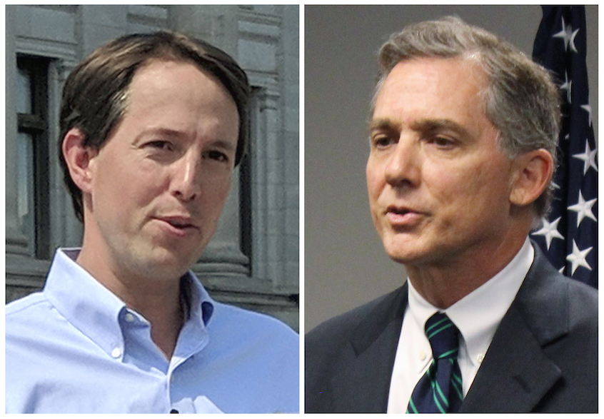 FILE - This combination of 2018 file photos shows Arkansas Congressional candidates, Democrat Clarke Tucker, left, and Republican U.S. Rep. French Hill. (AP Photos/File)