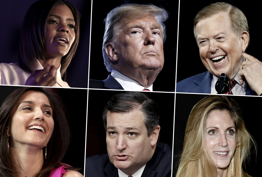 Candace Owens; Donald Trump; Lou Dobbs; Rachel Campos-Duffy; Ted Cruz; Ann Coulter (Gage Skidmore/Wikimedia/AP/Salon)
