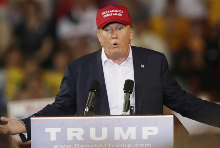 Donald Trump speaks during a campaign rally, Aug. 21, 2015, in Mobile, Ala. (AP/Brynn Anderson)