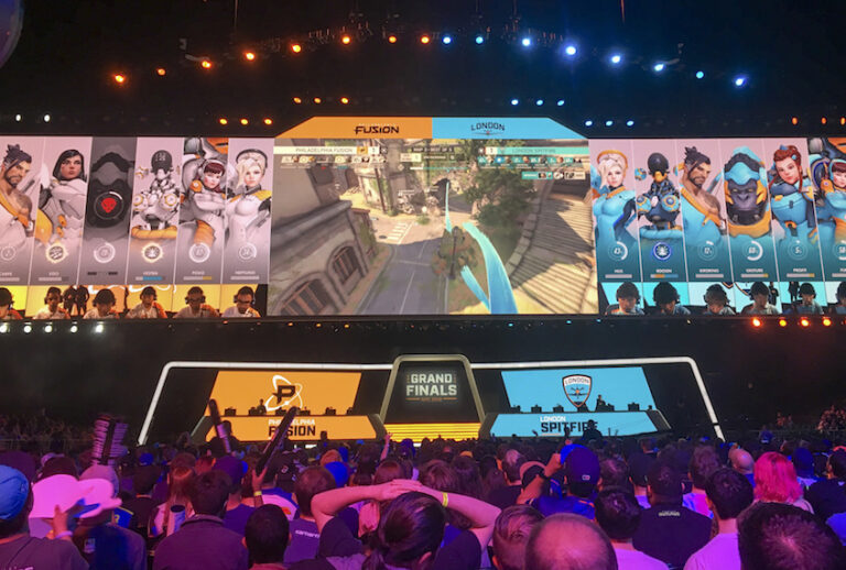 Philadelphia Fusion and London Spitfire compete in the Overwatch League Grand Finals' first night of competition, July 27, 2018, at the Barclays Center in Brooklyn. (AP/Terrin Waack)