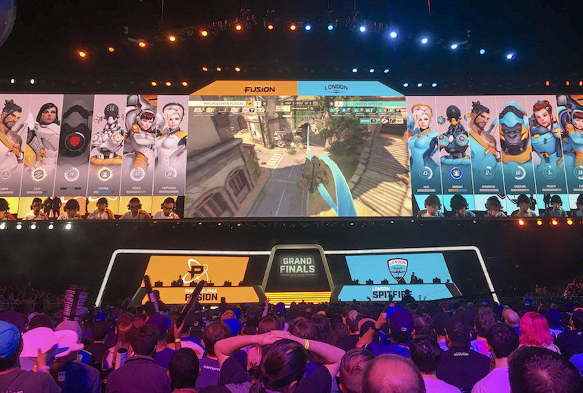 Philadelphia Fusion and London Spitfire compete in the Overwatch League Grand Finals' first night of competition, July 27, 2018, at the Barclays Center in Brooklyn. (AP/Terrin Waack)