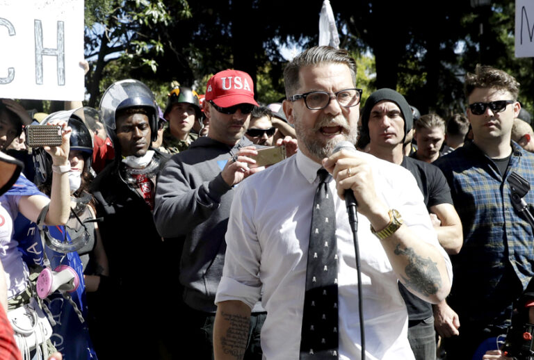 Gavin McInnes speaks at a rally for free speech April 27, 2017, in Berkeley, Calif. (AP/Marcio Jose Sanchez)