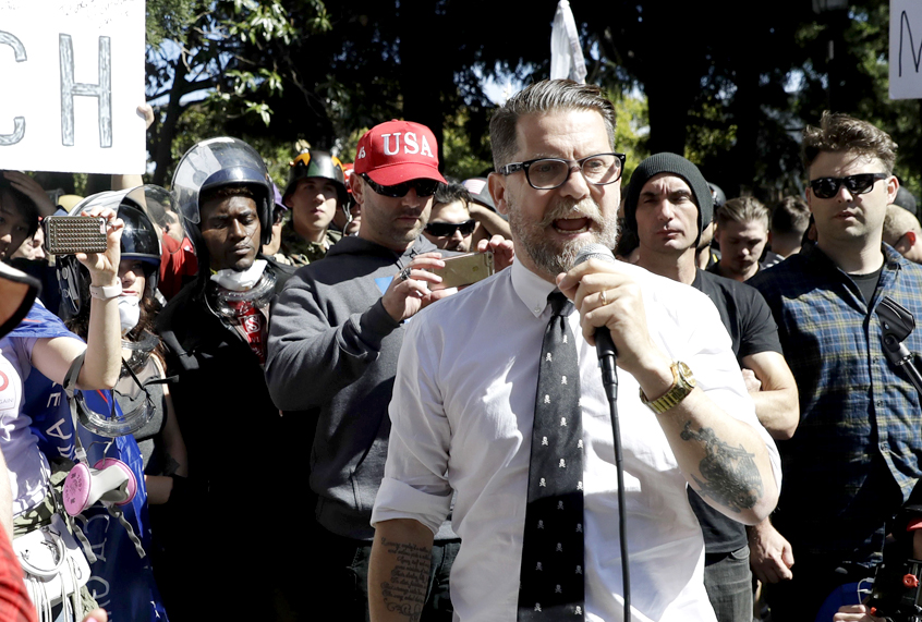 Gavin McInnes speaks at a rally for free speech April 27, 2017, in Berkeley, Calif. (AP/Marcio Jose Sanchez)