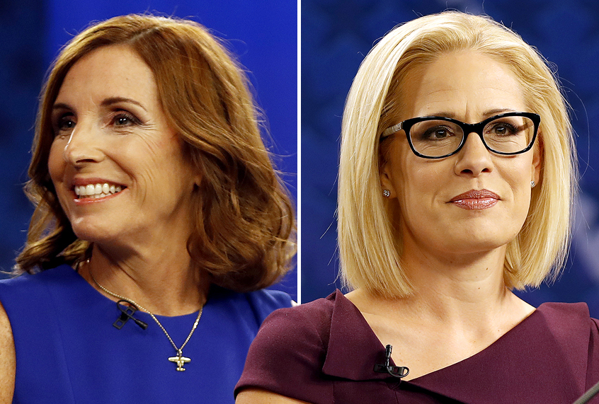 Martha McSally and Kyrsten Sinema during their televised debate Monday, Oct. 15, 2018, in Phoenix. (AP/Matt York)