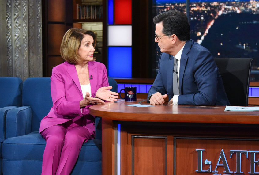 Rep. Nancy Pelosi and Stephen Colbert on "The Late Show with Stephen Colbert" (Scott Kowalchyk/CBS)