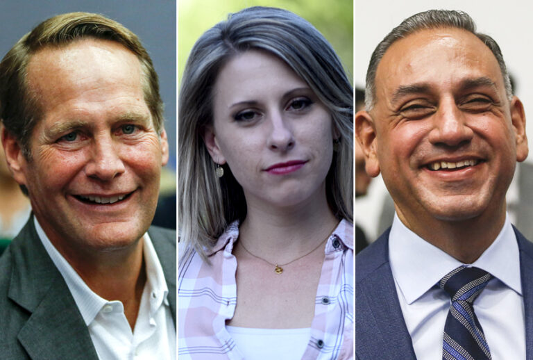 Harley Rouda; Katie Hill; Gil Cisneros (AP/Ringo H.W. Chiu/Katie Hill For Congress)
