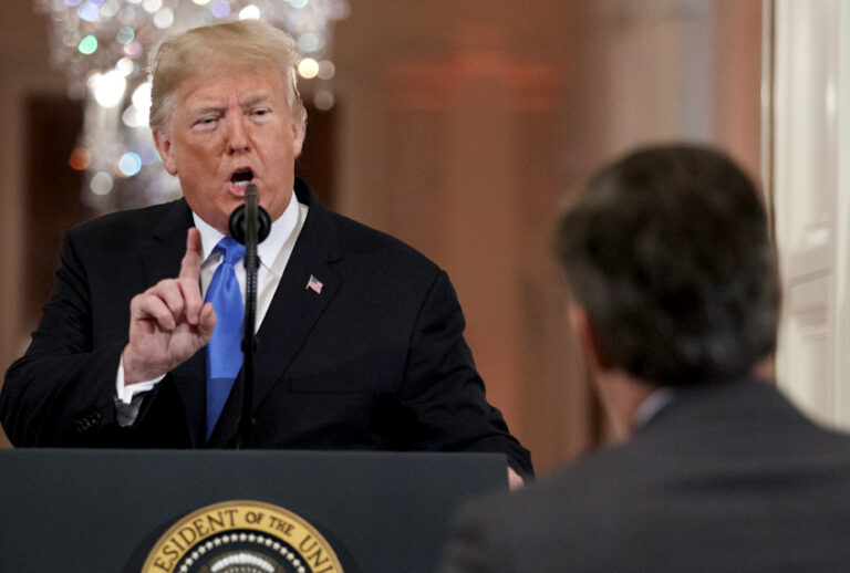 President Donald Trump speaks to CNN journalist Jim Acosta during a news conference in the East Room of the White House, Wednesday, Nov. 7, 2018, in Washington. (AP/Evan Vucci)