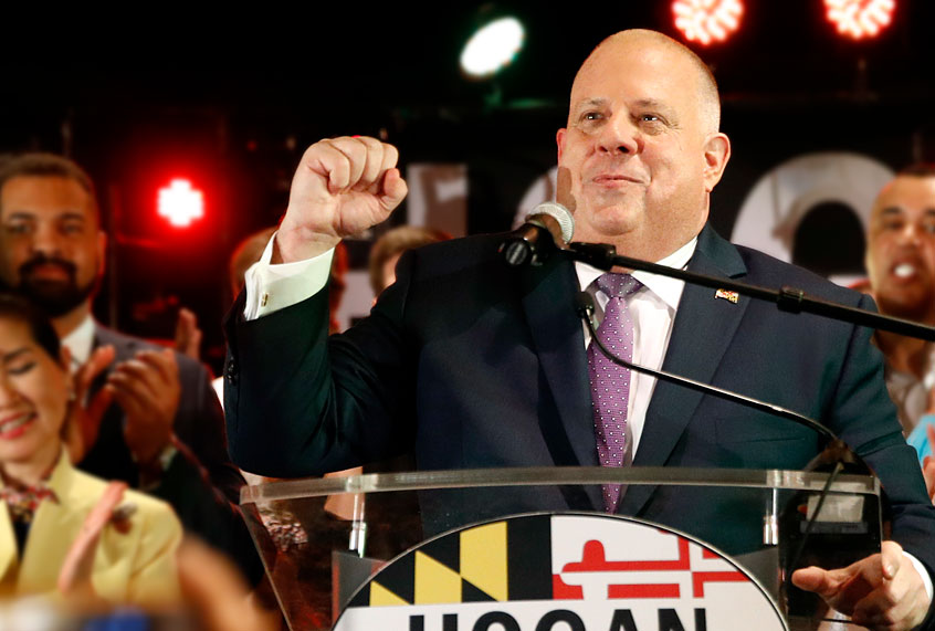 Maryland Gov. Larry Hogan, center, celebrates as he speaks at an election night party, Tuesday, Nov. 6, 2018, in Annapolis, Md (AP/Patrick Semansky)