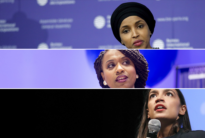 Ilhan Omar; Ayanna Pressley; Alexandria Ocasio-Cortez (AP/Christophe Ena/Jae C. Hong/Getty/Scott Eisen)