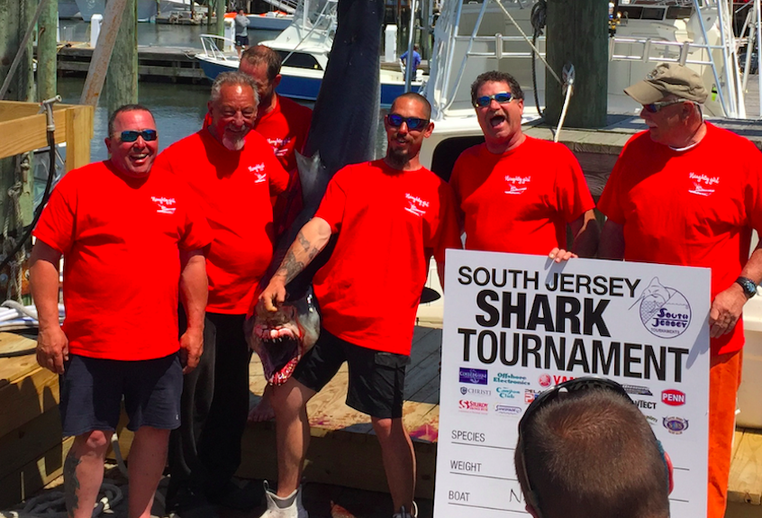 Mako sharks killed at the South Jersey Shark Tournament in June 2017. (Lewis Pugh/Independent Media Institute)