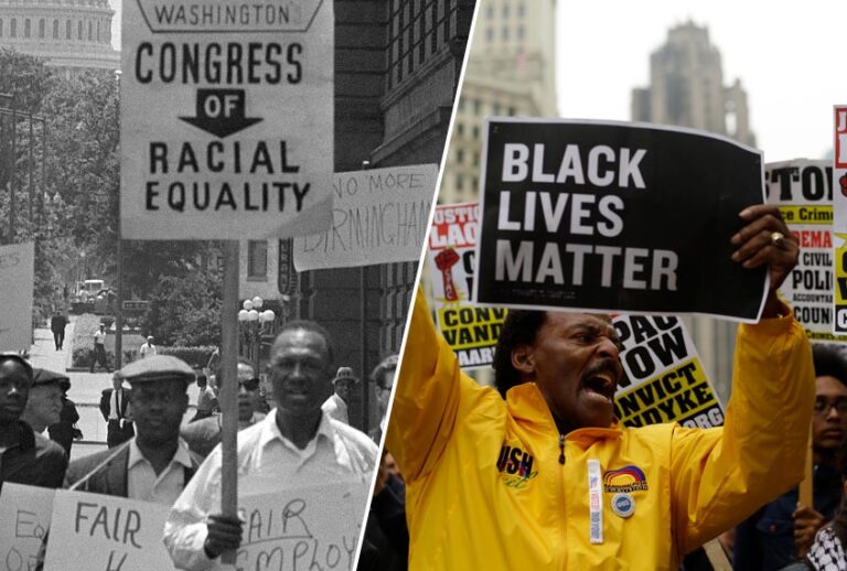 Demonstrators march down North Capital Street during protest march within sight of the capitol in Washington, June 14, 1963; Demonstrators protest as they celebrate the verdict in the murder trial of Chicago police officer Jason Van Dyke along Michigan Avenue on October 5, 2018 in Chicago, Illinois. (AP/John Rous/Getty/Joshua Lott)