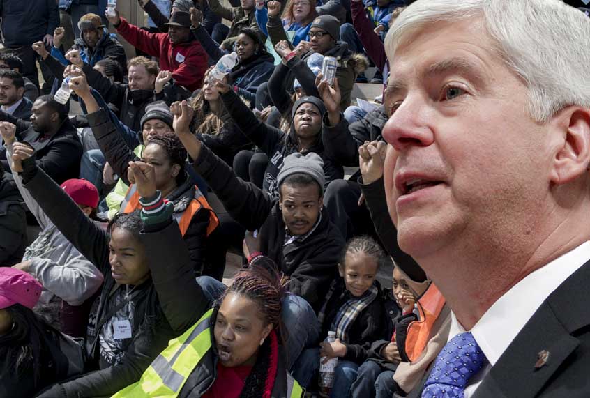 Michigan Gov. Rick Snyder; Protest on the steps of the Michigan State Capitol on April 11, 2018 (AP/Getty/Salon)