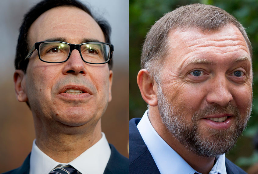 Steven Mnuchin; Oleg Deripaska (AP/Evan Vucci/Alexander Zemlianichenko)