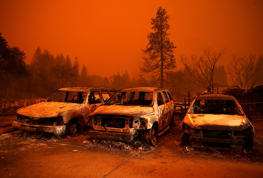Cars destroyed by the Camp Fire sit in the lot at a used car dealership on November 9, 2018 in Paradise, California. (Getty Images/Justin Sullivan)