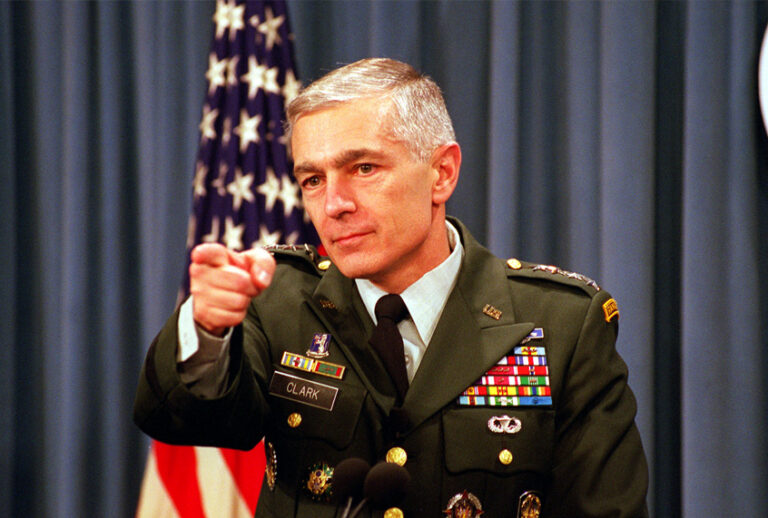 Supreme Allied Commander Europe U.S. Army Gen. Wesley Clark, who also commands U.S. European Command, takes reporters' questions on the status of the NATO-led, international peacekeeping operation in Bosnia during a Pentagon briefing. DoD photo by R.D. Ward. (Department of Defense (CC))