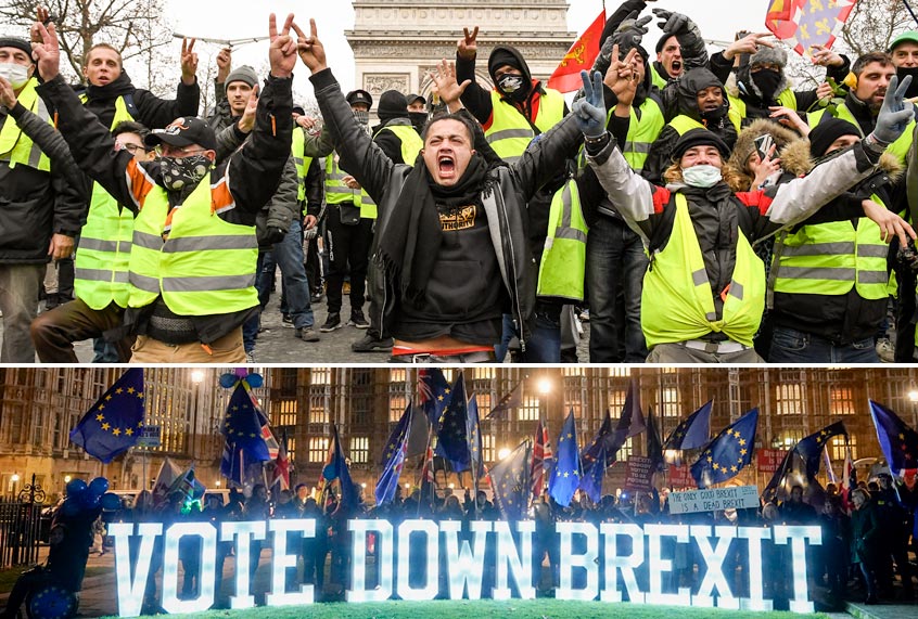 Demonstrators kneel and gesture with victory signs as they take part in the demonstration of the yellow vests near the Arc de Triomphe on December 8, 2018 in Paris France. Anti Brexit protesters use illuminated signs as they demonstrate with placards outside the Houses of Parliament, Westminster on December 10, 2018 in London, England. (Getty/Jeff J Mitchell/Christopher Furlong)