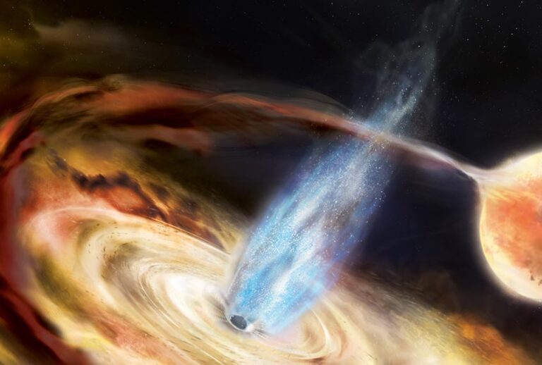 Illustration of a newly discovered black hole named MAXI J1820+070. (Aurore Simonnet and NASA’s Goddard Space Flight Center)