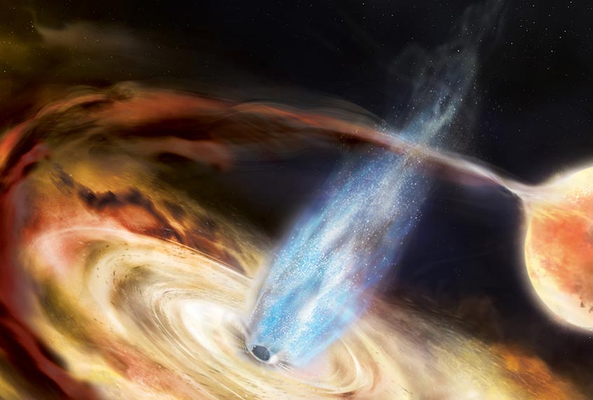 Illustration of a newly discovered black hole named MAXI J1820+070. (Aurore Simonnet and NASA’s Goddard Space Flight Center)