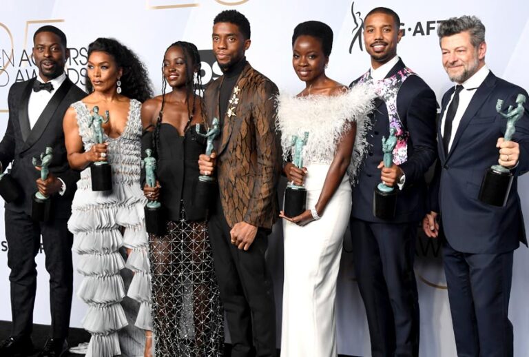 Sterling K. Brown, Angela Bassett, Lupita Nyong'o, Chadwick Boseman, Danai Gurira, Michael B. Jordan, and Andy Serkis pose in the press room during the 25th Annual Screen Actors Guild Awards. (Getty/Frazer Harrison)