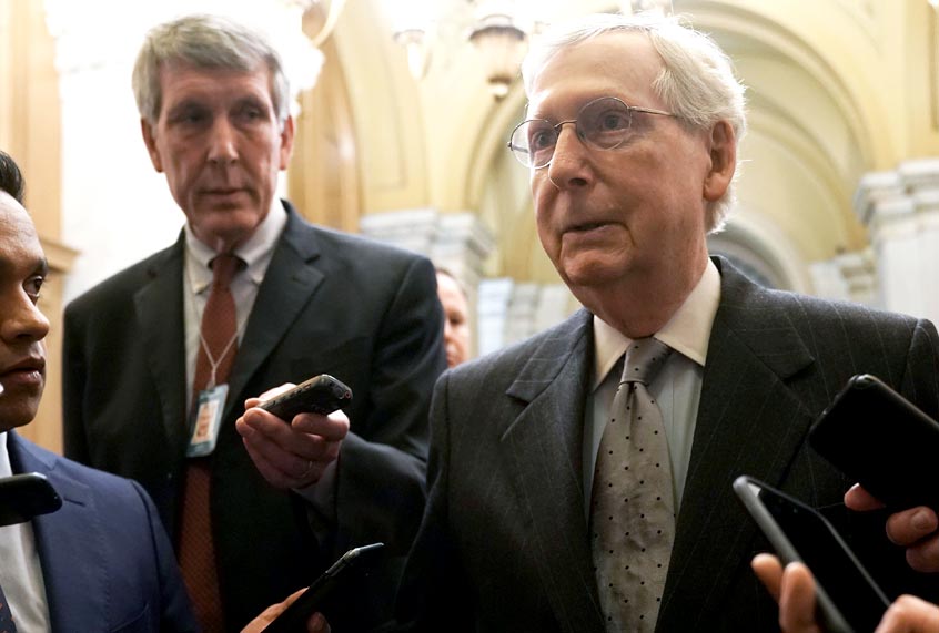 U.S. Senate Majority Leader Sen. Mitch McConnell (R-KY) speaks to members of the media after he returned to the U.S. Capitol from a meeting at the White House January 9, 2019 in Washington. (Getty/Alex Wong)